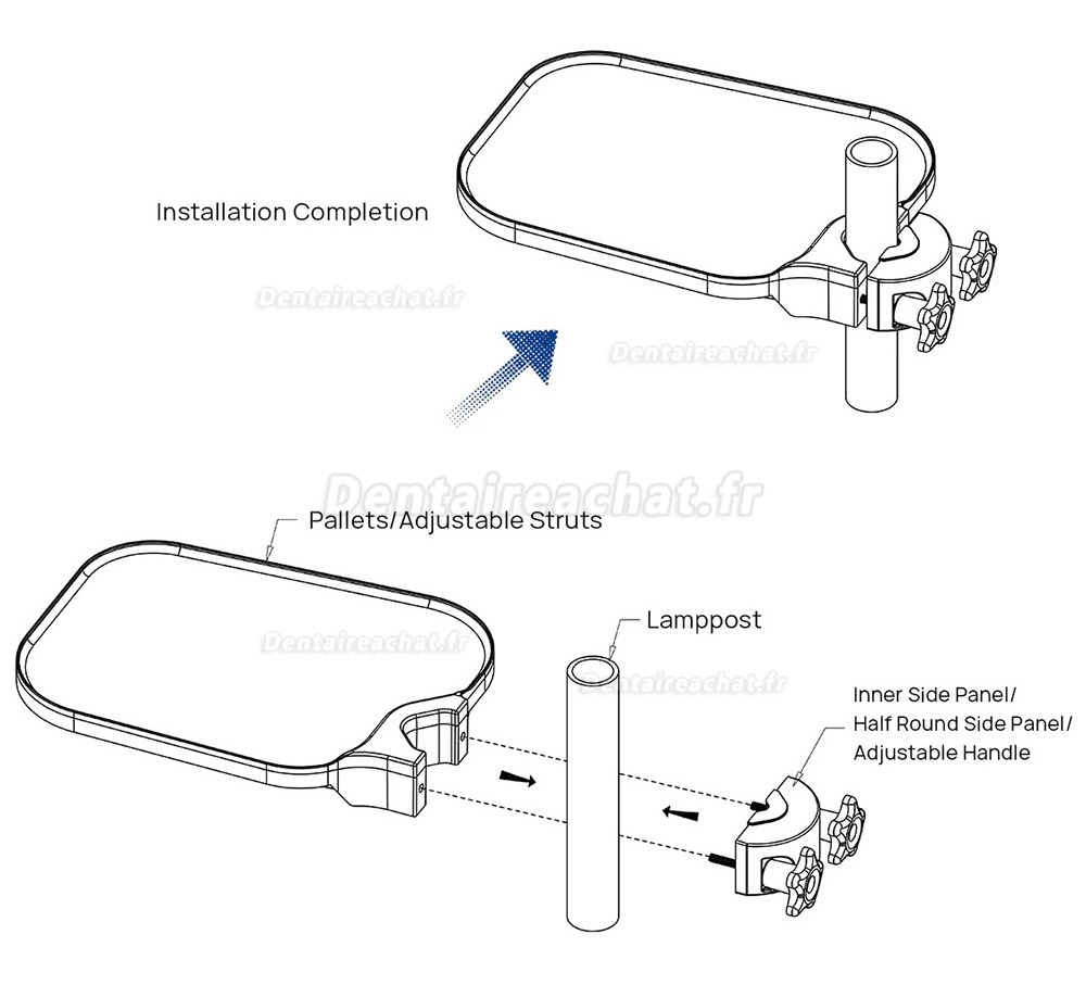 Plateau en plastique mont&eacute; sur fauteuil dentaire